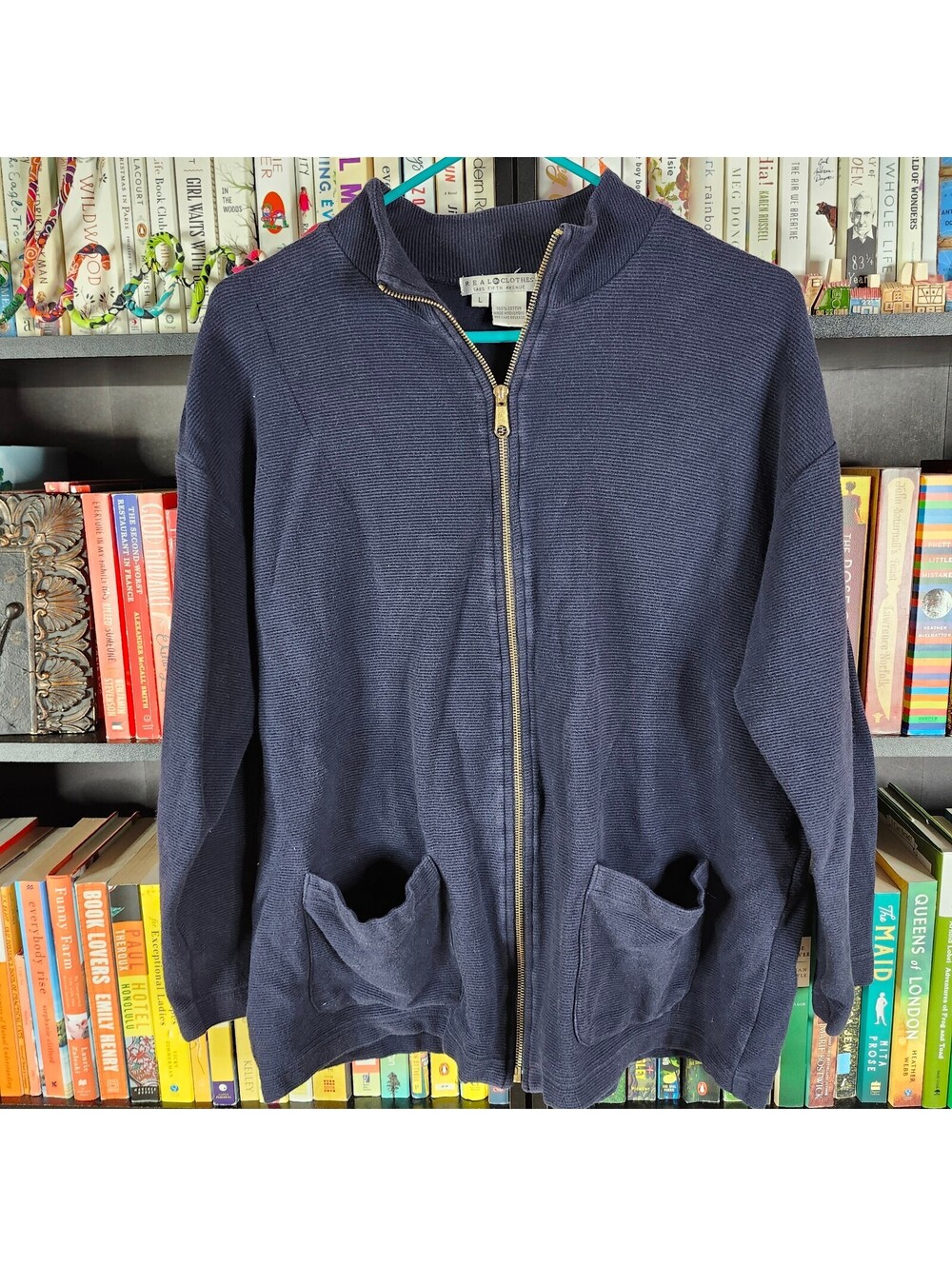 Saks Fifth Avenue REAL CLOTHES Navy Rib Knit Zip Front Cardigan Sweater Large